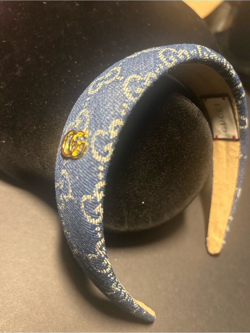Gucci Blue GG Denim Padded Headband with Gold Double G Accent - Picture 3 of 4